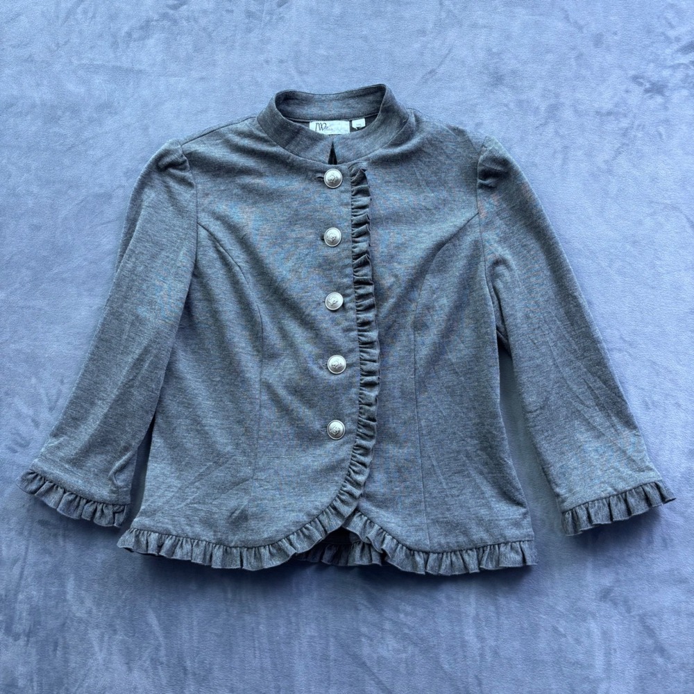 JW Petite Grey Ruffle Trim Military Style Knit Blazer Jacket Size PM